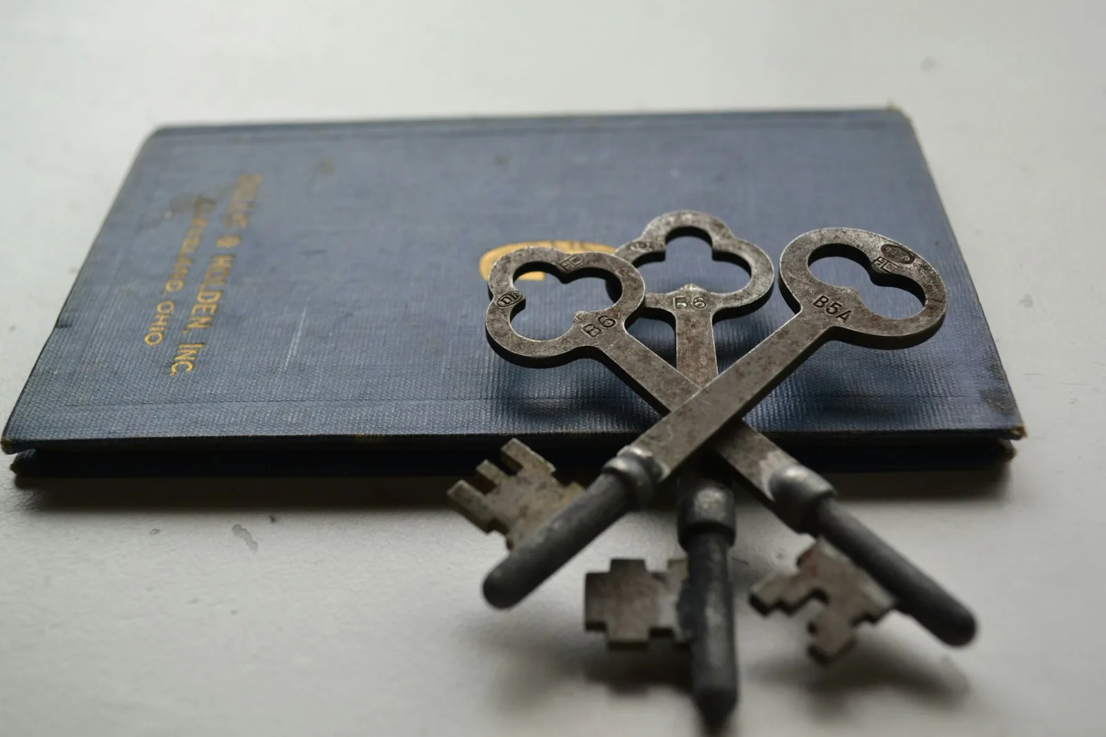 Trois clés anciennes numérotées sont posées sur un livre relié.